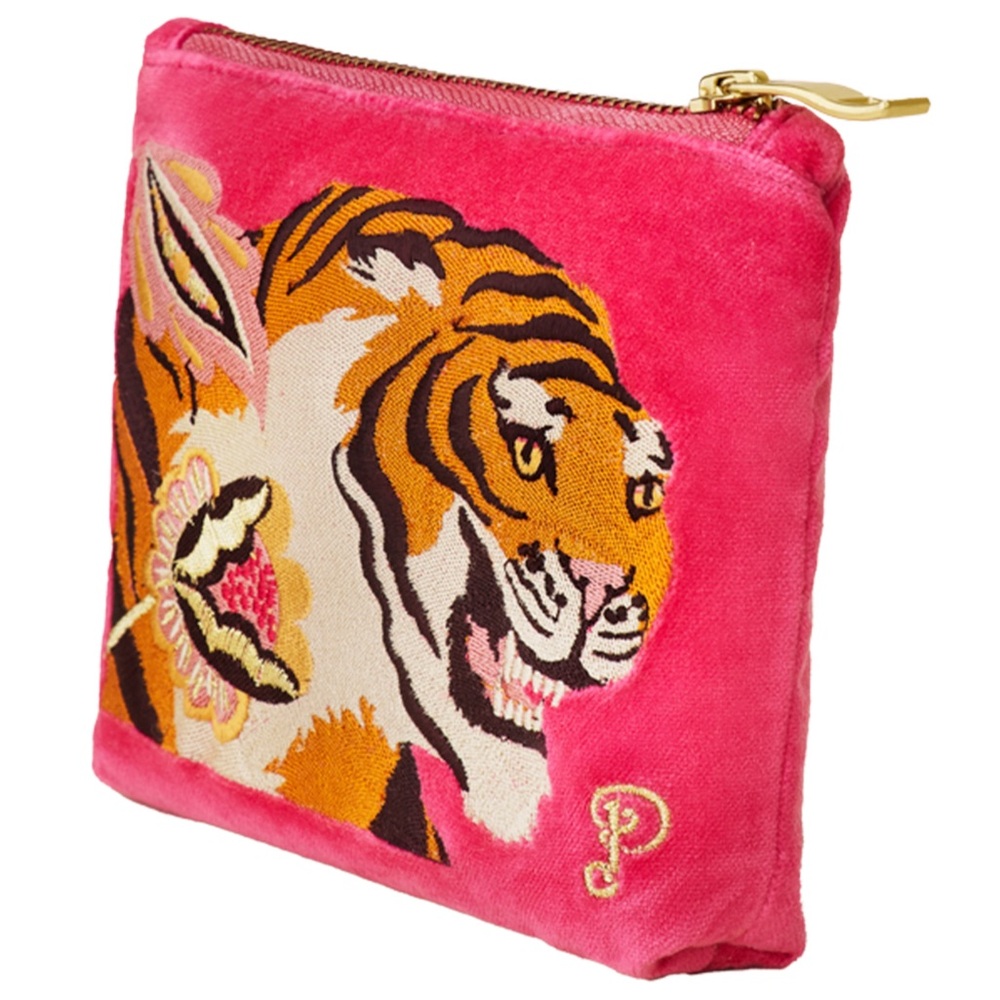 Powder UK Thrill of the Tiger luxury velvet embroidered zip mini pouch - NWT